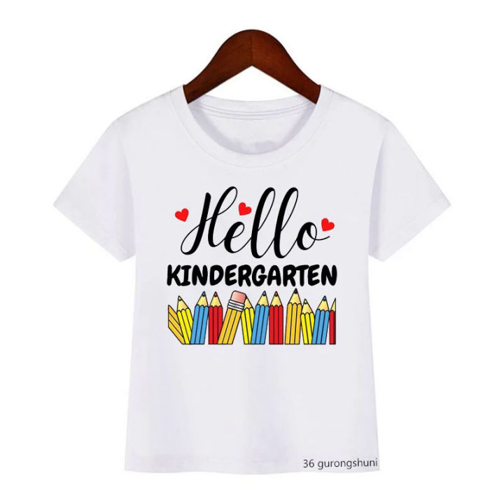 First Day of School Shirt Hello Kindergarten Letter Print Children