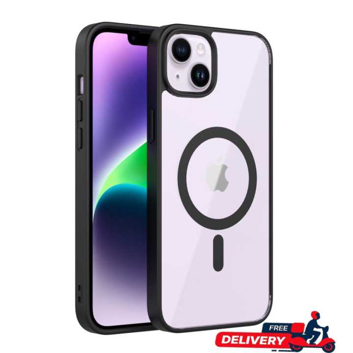 For Apple iPhone 14 Plus MagSafe Compatible Shockproof Transparent Slim Fit Wireless Charging supported Frosted Border Phone Back Case Mobile Cover (FS)
