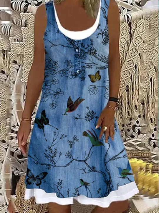 European%20and%20American%20Women's%20Clothing%20Loose%20Fashion%20Digital%20Printing%20Fake%20Two-Piece%20Imitation%20Denim%20Dress%20Female%20-%20Image%203