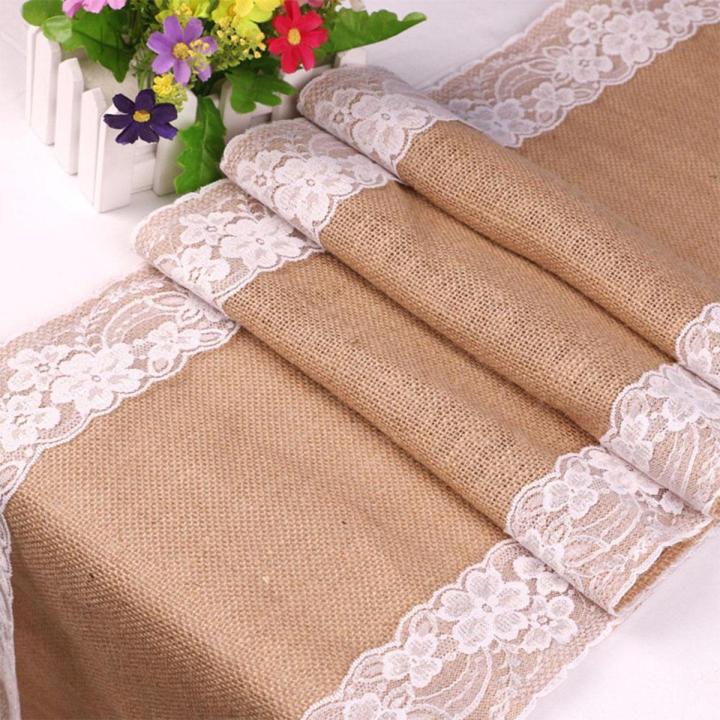 OIMG 30X275Cm Vintage Lace Jute Table Runner Burlap Party Wedding Festival Decoration Chair Runner