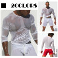 Hirigin Mens Undershirt Gay clothing Nylon Mesh Shirt See Through Sheer Long Sleeves T Shirts transparent shirt Underwear. 