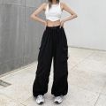 Y2K Trousers Women Cargo Pants Straight Wide Leg Drawstring Oversize Pockets Kpop High Waisted Breathable Solid Color Sweatpants. 