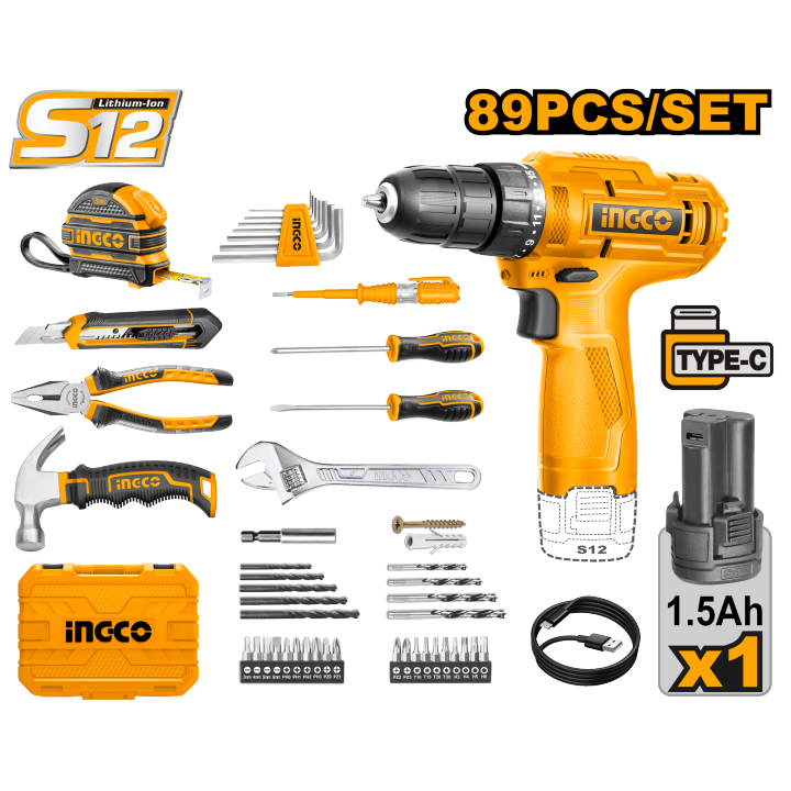 INGCO 89 Pcs Tools set With 1 Pcs 12V cordless drill HKTHP10891 | Daraz ...
