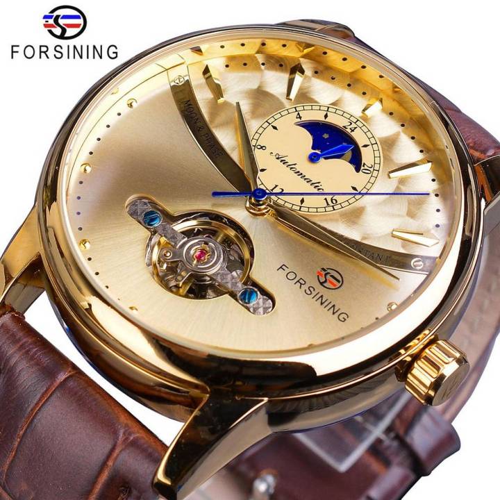 Forsining Automatic Watch Men Moon Phase Skeleton Mechanical Male Watches Casual Brown Leather Band Horloges Mannen Clock