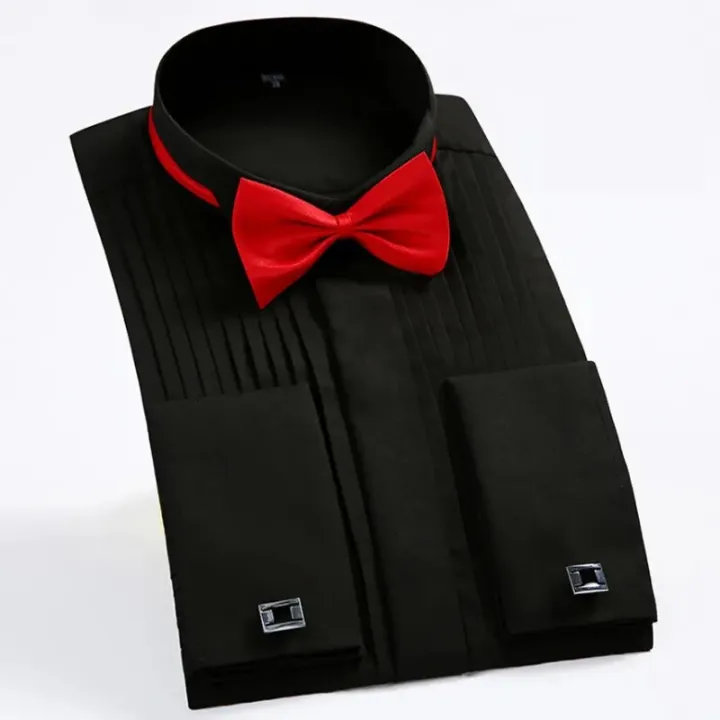 Wing%20Tip%20Collar%20Tuxedo%20Shirt%20Long%20Sleeve%20Men's%20French%20Cuff%20Button%20Wedding%20Dress%20Shirts%20Wingtip%20White%20Black%20Pleat%20with%20Bowtie%20-%20Image%205