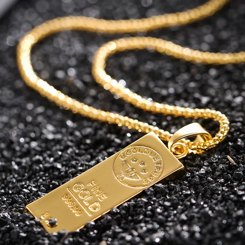 Hot Sale 24K Gold Heavy Hip Hop Pendant Mens Bullion Bar Necklace