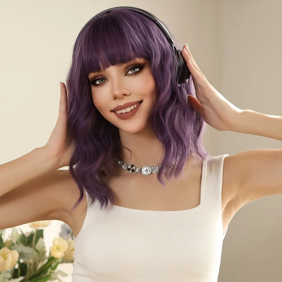 Purple Short Wavy Cosplay Lolita Wigs with Bangs Colorful Bob
