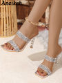 Aneikeh Silver Sequin rhinestone PVC Slippers For Women Square Toe Strange High Heels Sandals Summer Fashion Party Shoes.