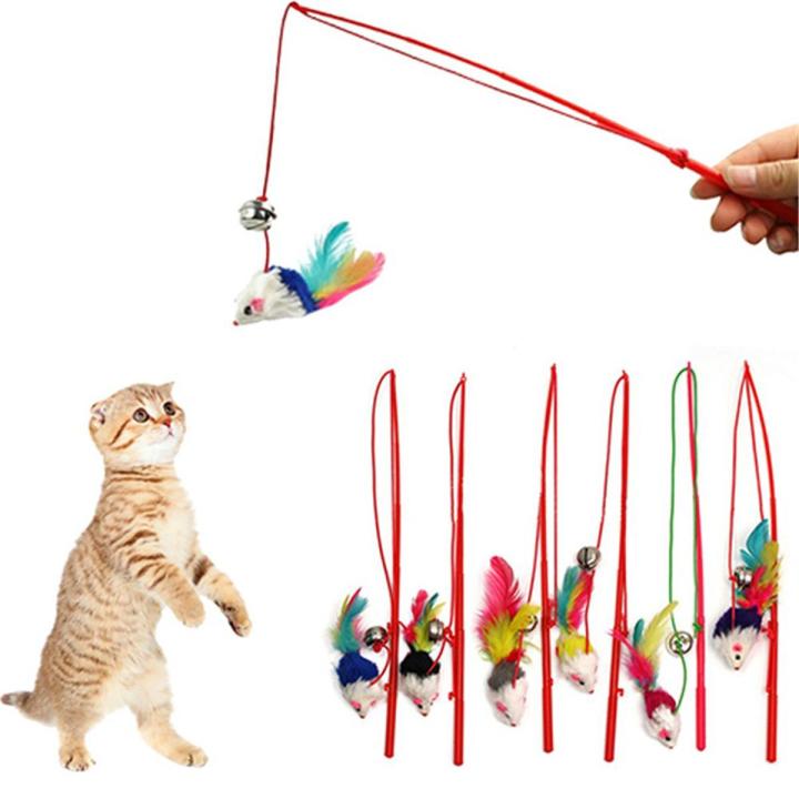 1pcs Cat Toy Mouse On A Stick Teaser Metal Bell Feather Play Pet Dangler Wand