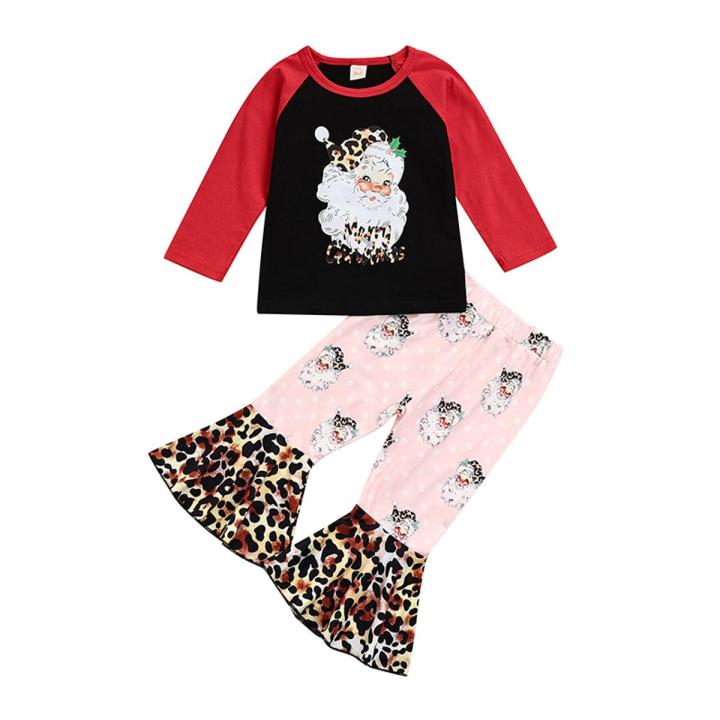 Ma&Baby Baby 2Pcs Christmas Outfits, Long Sleeve Santa Claus Print Tops + Flare Pants Set