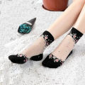 Adult Women Ultra thin Transparent Crystal Lace Silk Elastic Short Flower Pattern Spandex Ladies Socks.