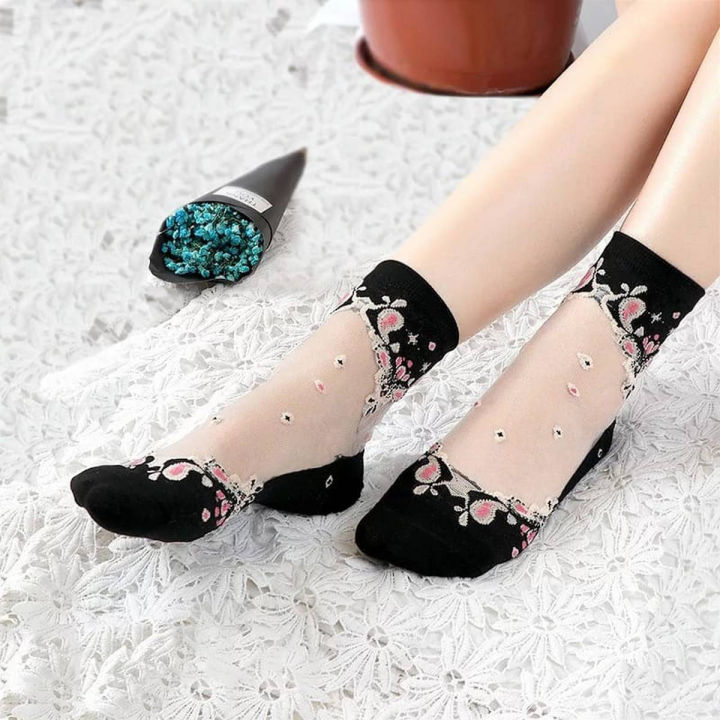 Adult Women Ultra thin Transparent Crystal Lace Silk Elastic Short Flower Pattern Spandex Ladies Socks
