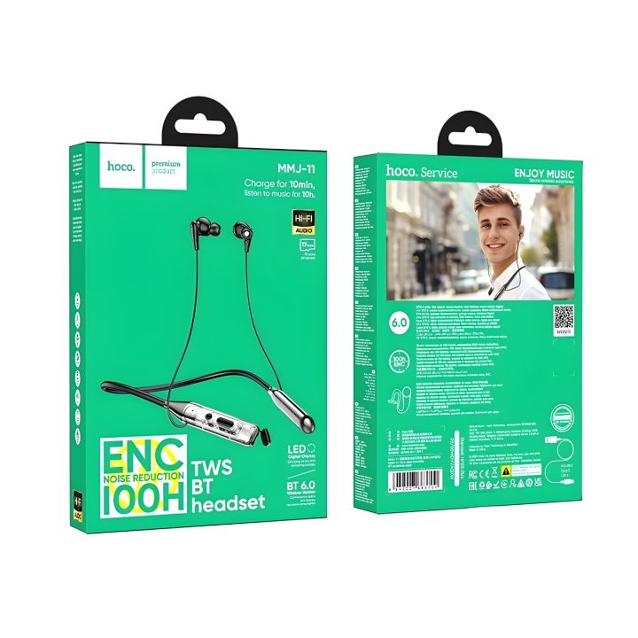 Hoco MMJ11 ENC Bluetooth Neckband Earphone – 100 Hours Playback, Hi-Fi Sound, Fast Charging, Noise Reduction Wireless Earphone for Calls & Music