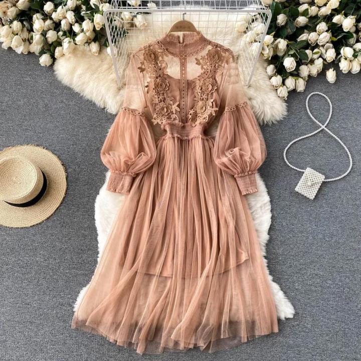 Dress Long Dresses Women Floral Maxi Lantern Sleeve Stand Collar Elegant High Waist Slim Fit Party A Line Vestidos Summer