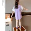 Summer Girls T T-shirt Skirt Mid-Length Korean Style False Two-Piece Basketball Wear Loose Fried Street Girls Sports Dress.