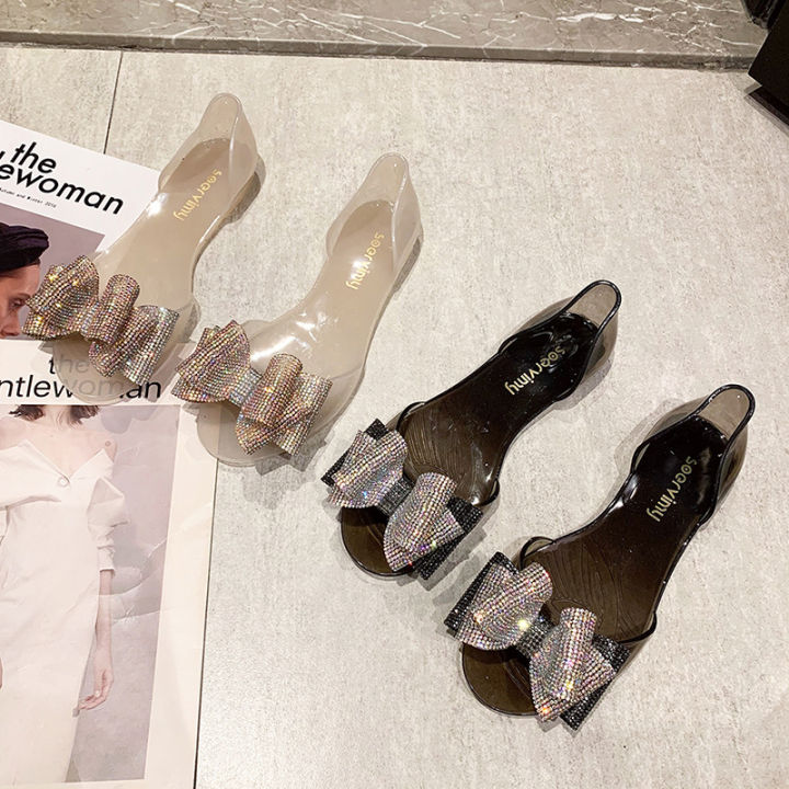 Jelly%20shoes%20women's%20flat%20fishmouth%20rhinestone%20bow%20beach%20shoes%20seaside%20casual%20vacation%20fashion%20transparent%20plastic%20sandals%20-%20Image%202