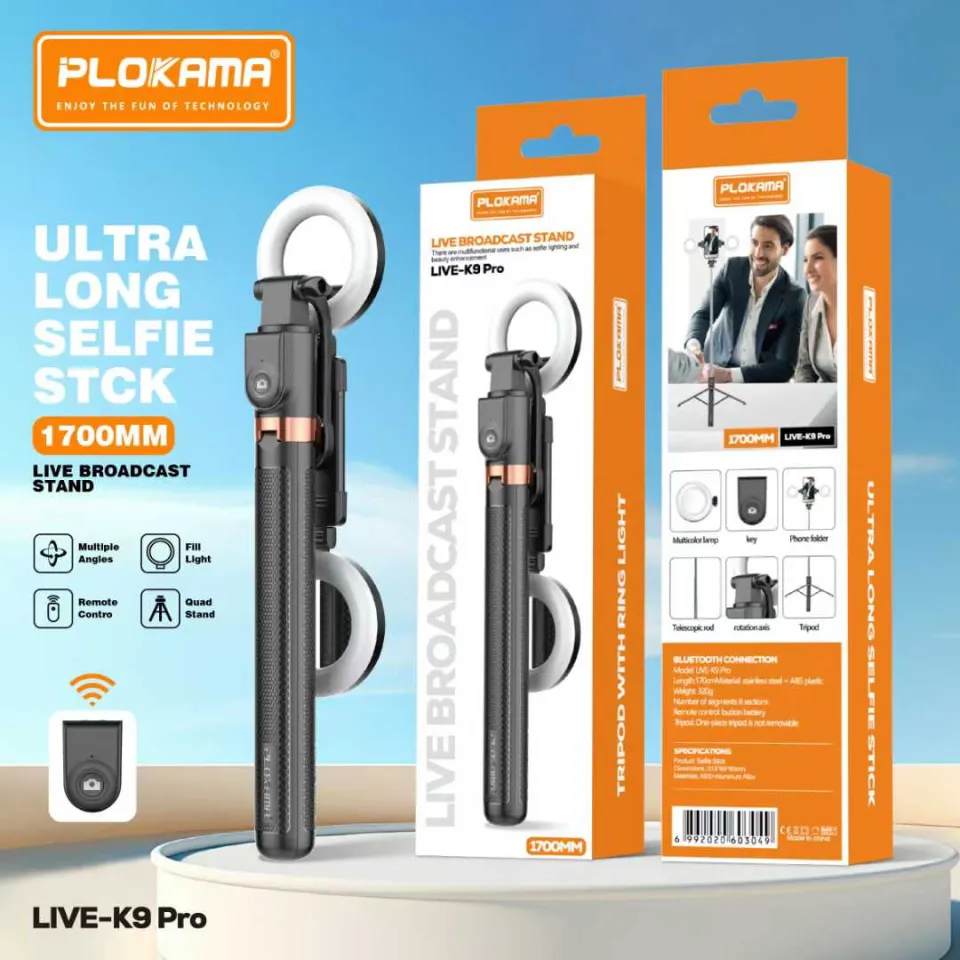 Plokama LIVE-K9 Pro 1700mm Ultra Long Selfie Stick with Tripod Stand & Ring Light – Adjustable, Portable for Mobile Vlogging & Live Streaming By Pucxo
