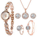 Fashionable Waterproof Women's Metal Strap Watch Exquisite 5pcs Diamond Inlaid Ladies Quartz Watch Set Girl's Minimalist Watches. 
