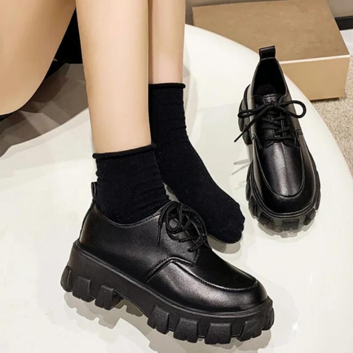 Black Lace Up Loafers Women's Hot Classic Black Platform