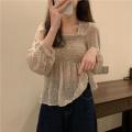 READY STOCK Korean Fashion Women Square Neck Chiffon Floral Blouse Plicated Short Style Long Sleeve Top. 