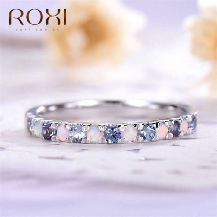 【Aesth Diary Store】ROXI 2020 Luxury Blue Stone Crystal Rings For Women Silver Color Fire Opal Ring Dainty Wedding Bnad Engagement Ring Jewelry Gift