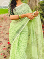 Nondita - Kathaphor Lemon Green Saree with Block Print. 