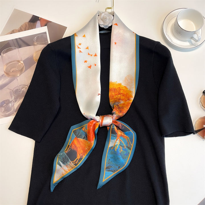 Star-like%20Silk%20Scarf%20Small%20Long%20Women's%20High-Grade%20Sense%20Spring,%20Autumn%20and%20Winter%20Dots%20and%20Stripes%20Thin%20All-Matching%20Bevel%20Beige%20Scarf%20-%20Image%202