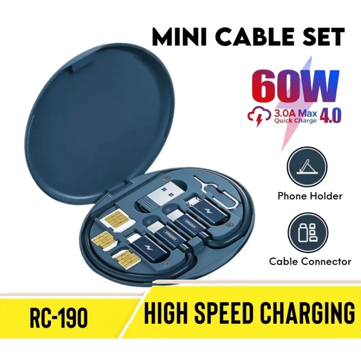 Remax RC-190 Data Cable Set Type C to Type C Simply Fast Charging Cable Micro USB Lightning Cable USB Adapter Simply Minply 3 in 1 In Cable 60W Fast Charge and Data Transmission Cable Set with Phone Stand
