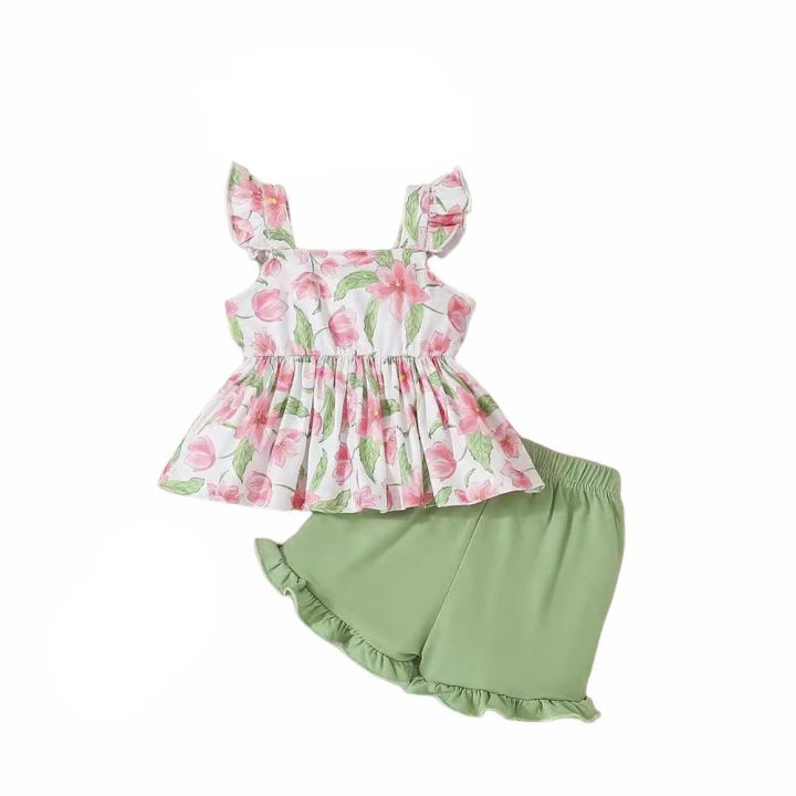 GC Toddler Girls 2 Pcs Lettuce Trim Shorts Set Ruffled Sleeve Square Neck Bowknot Tank Top Elastic Waistband Shorts Outfit