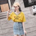 White V Collar Top Yellow Korean Style All-Match Loose Western Style Slimming Inner Vest Short Sleeve T Women's New T-shirt. 