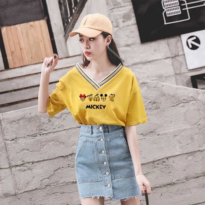 White V Collar Top Yellow Korean Style All-Match Loose Western Style Slimming Inner Vest Short Sleeve T Women's New T-shirt