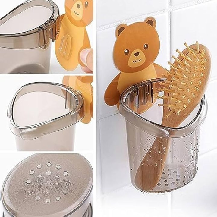 Toothbrush Holde Cute Bear Storage Rack Bathroom Accessories Set Toothpaste Holder Tooth Brush Stand Shelf Adhesive Wall Mounted