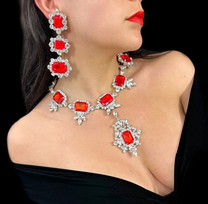 Jewelry set with high-end red fashion bride's wedding rhinestone necklace pendant earrings runway accessories