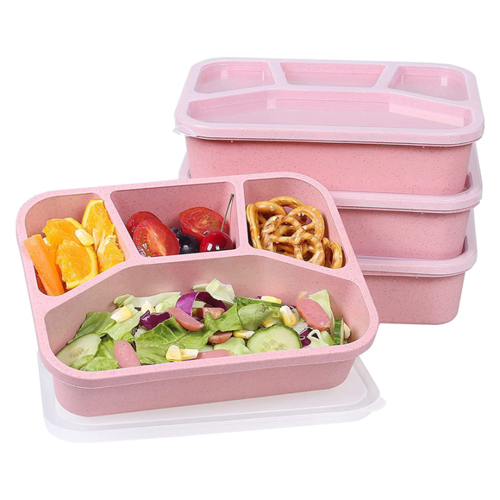 4 Packs Meal Prep Lunch Containers with 4 Compartments, Reusable Bento Box for Kids/Toddler/Adults, Stackable Pink
