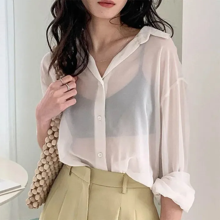 Women%20See-through%20Blouse%20Summer%20Mesh%20Transparent%20White%20T-Shirts%20Long%20Sleeve%20Casual%20Tops%20Y2k%20Korean%20Fashion%20Button%20Cardigan%20-%20Image%203