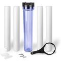 Whole house water filter purifier system, transparent 20 "housing with pressure relief buttons, 5 micron sediment water filter cartridge with 1/2" inlet outlet and 3 replacement filters (complete set.).