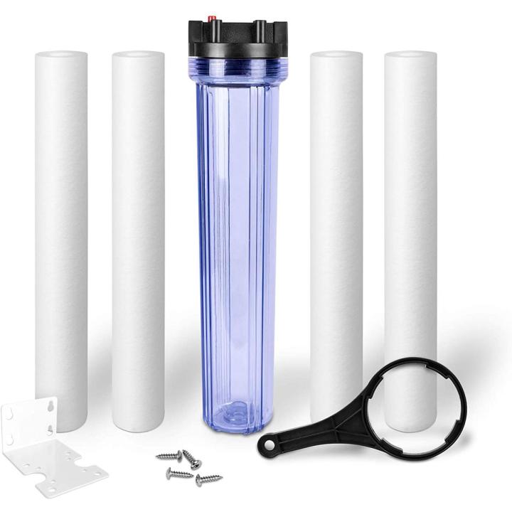 Whole house water filter purifier system, transparent 20 "housing with pressure relief buttons, 5 micron sediment water filter cartridge with 1/2" inlet outlet and 3 replacement filters (complete set.)