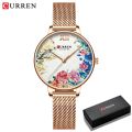 CURREN Women Quartz Watches Elegant Charming Wristwatch for Ladies Stianless Steel Mesh Band Flower Clock Female. 