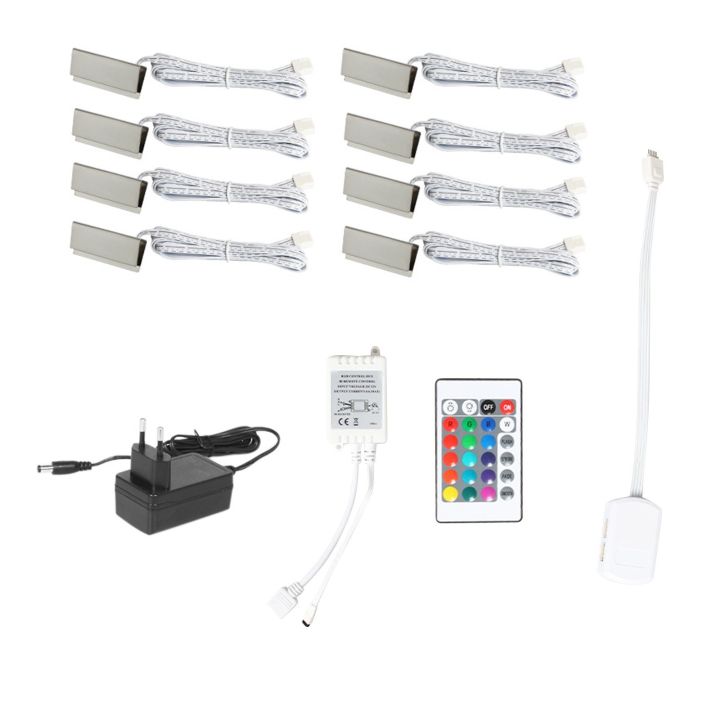 RGB LED Clip On Glass Shelf Lighting Under Cabinet Night Lights Kit for Glass Edge Shelf with Remote Control - eu-8pcs