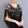 Women 1920s Sequined Shawl with Tassels Beaded Pearl Fringe Solid Color Sheer Mesh Wraps Gatsby Flapper Bolero Cape Cover Up. 