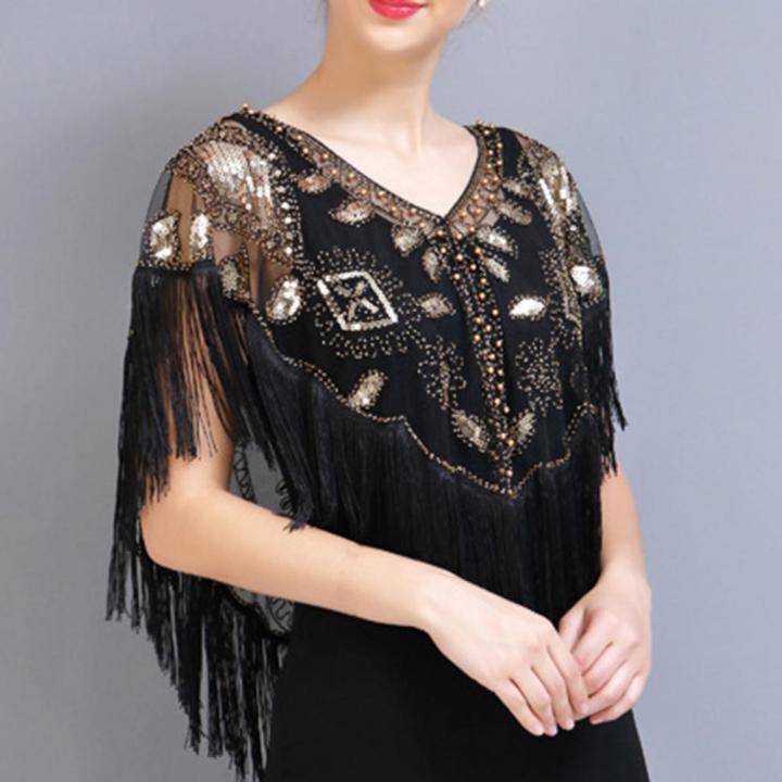 Women%201920s%20Sequined%20Shawl%20with%20Tassels%20Beaded%20Pearl%20Fringe%20Solid%20Color%20Sheer%20Mesh%20Wraps%20Gatsby%20Flapper%20Bolero%20Cape%20Cover%20Up%20-%20Image%203