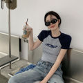 Short Sleeve T Women's Summer T-shirt ins Tide 2024 New Style Short Western Style Tight Waist Shirt Thread Hot Girl Slim Top. 