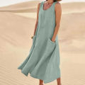 Women Sleeveless Sundress Elegant Round Neck Solid Long Tank Dress Vintage Pockets Beach vestidos.