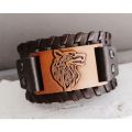 Alien Mens Bracelet Wristband Norse Viking Leather Wolf Head Bracelet Brown Norse Celtic Punk Fenrir Arm Ring For Men.