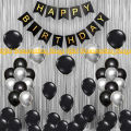 Happy Birthday Decorations Silver and Black Combo Set- Black & Silver Latex Monty Balloons, Birthday Card Banner, Silver Foil Curtain for Party Decoration Full Package.