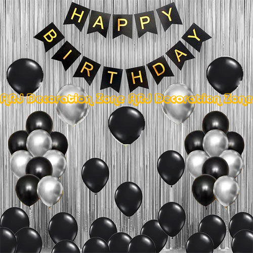 Happy Birthday Decorations Silver and Black Combo Set- Black & Silver Latex Monty Balloons, Birthday Card Banner, Silver Foil Curtain for Party Decoration Full Package