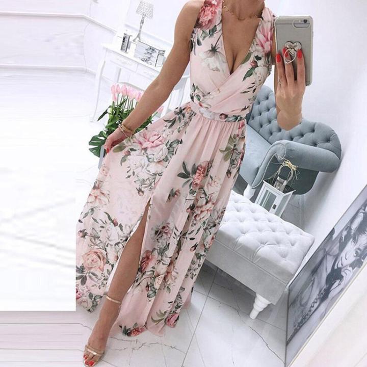 Elegant Print Long Dress Women Summer Deep V-Neck Sleeveless Dress