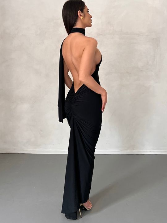 Halter%20Backless%20Maxi%20Dresses%20For%20Women%20Summer%202023%20Elegant%20Mermaid%20Long%20Party%20Evening%20Dress%20Bandage%20Ruched%20Bodycon%20Dress%20White%20-%20Image%204