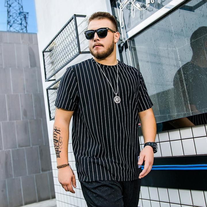 Man Big Size Summer Short-sleeved Cotton T-shirt Fashion Casual Fat Guy Loose Vertical Striped Large Size Shirt Man Size XL-6XL