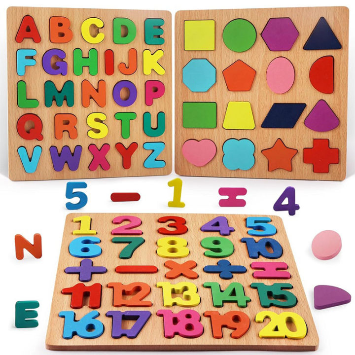 Wooden Puzzles for Toddlers Montessori Baby Learning Alphabet Number Shape Puzzle Toys Kids Educational Matching Board Wood Game
